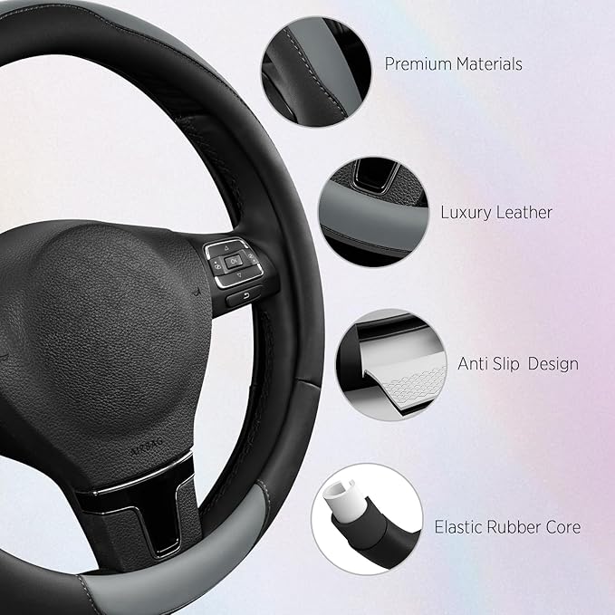 Road Comforts Steering Wheel Cover, Breathable Anti-Slip Leather Steering Wheel Cover, Universal Fit 14.5–15 Inch, Comfortabl