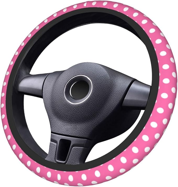Cute Pink White Polka Dot Steering Wheel Cover for Women, Universal Fit 14-15 inch,Automotive Interior Accessories Decorative
