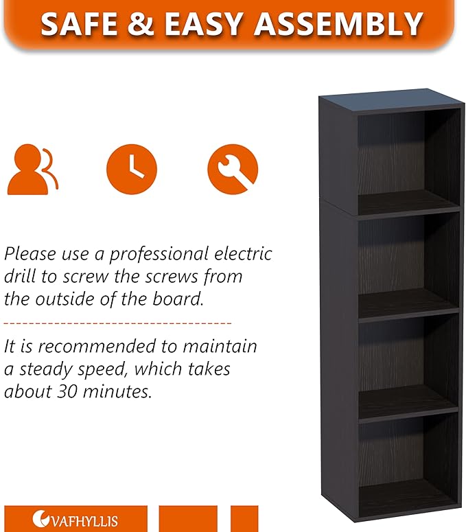 Book Shelf, 4-Tier Bookcase, Wooden Open Cube Storage Organize, 9.3 x 11.8 x 41.7 inches Bookshelf for Living Room, Bedroom, 