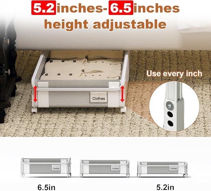 2Pack Under Bed Storage with Wheels,5.2"-6.5" Adjustable Height Underbed Storage,Low Profile Under Bed shoe Storage,Rolling U
