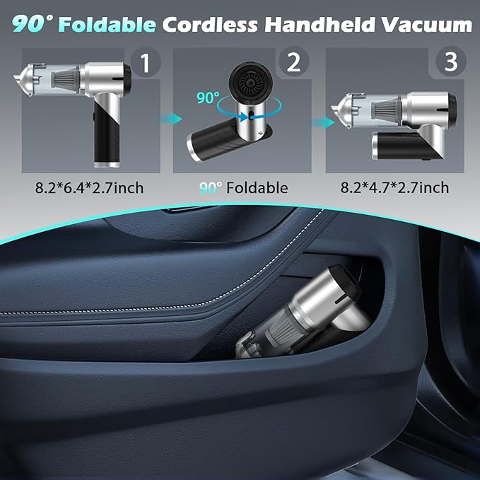 Car Vacuum Portable Cordless Foldable Mini Vacuum, 17000PA Strong Suction, 40mins Runtime, 4-in-1 Air Duster & Air Blower Han