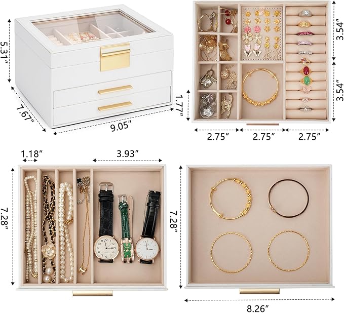 Jewelry Box for Women, 3-Layer Jewelry Box, Jewelry Organizer with Clear Glass Lid and Drawers, Jewelry Organizers and Storag