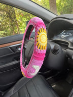 Handmade Crochet Sun and Moon Car Steering Wheel Covers Universal 14-15 inch for Women and Men (A,Steering Wheel Cover+2 Belt Cover)