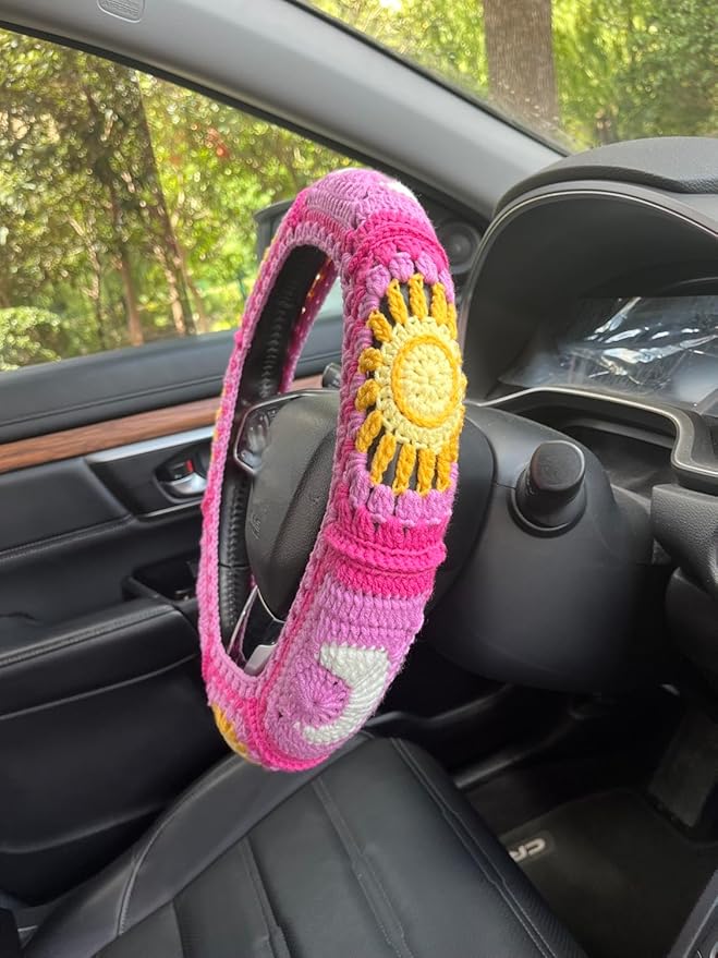 Handmade Crochet Sun and Moon Car Steering Wheel Covers Universal 14-15 inch for Women and Men (A,Steering Wheel Cover+2 Belt Cover)