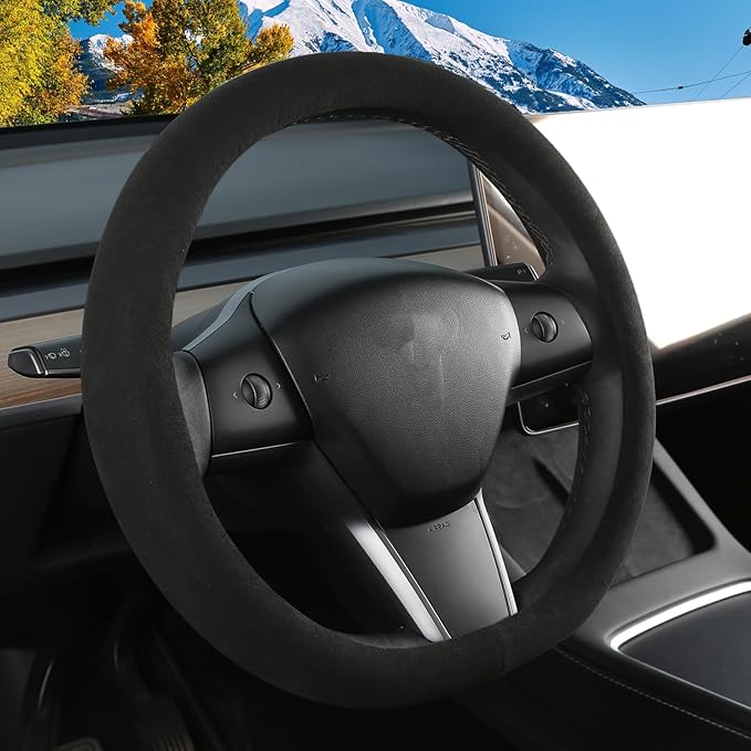 Suede Steering Wheel Cover for Tesla Model 3/Y, Anti Heat, Breathable, Anti-Slip, Leather Steering Wheel Cover 14-14 1/4 in (35.5-36 cm) (Black-01)