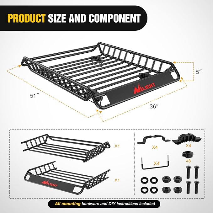 Nilight 51" X 36" X 5" Universal Roof Rack Cargo Basket Heavy-Duty 200LBS Capacity Rooftop Cargo Carrier Luggage Holder for SUV Truck Vehicle