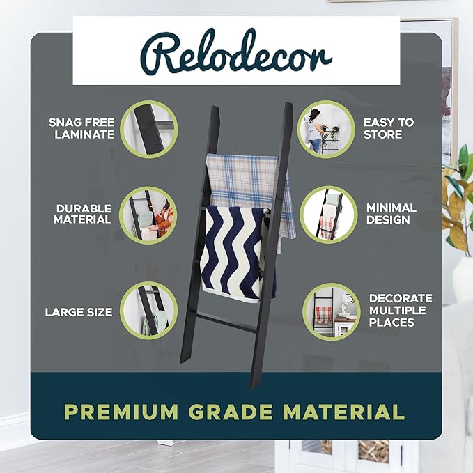 Blanket Ladder for Living Room and Bedroom, 4ft 4-Tier Wall Leaning Laminate Snag Free Construction (Black) Rustic Decorative