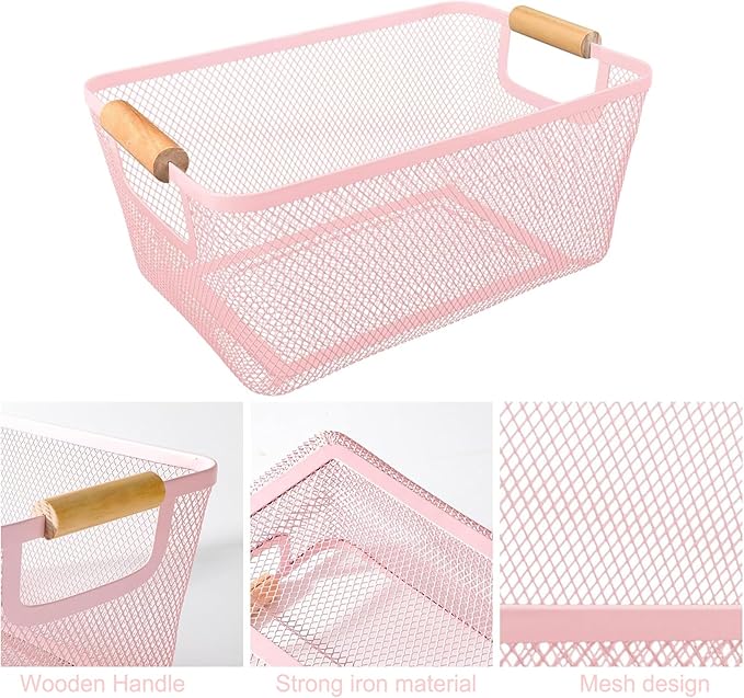 AJIODA Metal Mesh Steel Basket, Large Wire Storage Organizer Basket Multi-function Hanging Kitchen Baskets with Wood Handle f