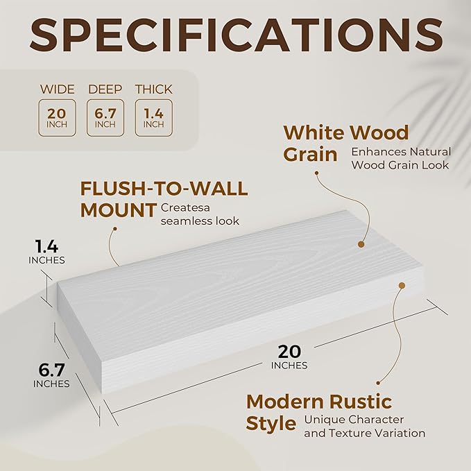 Dreamland 20 Inch Long Floating Shelves in White,6.7 Inch Deep Floating Shelf for Wall,Large Display & Storage Shelf, Wall Sh