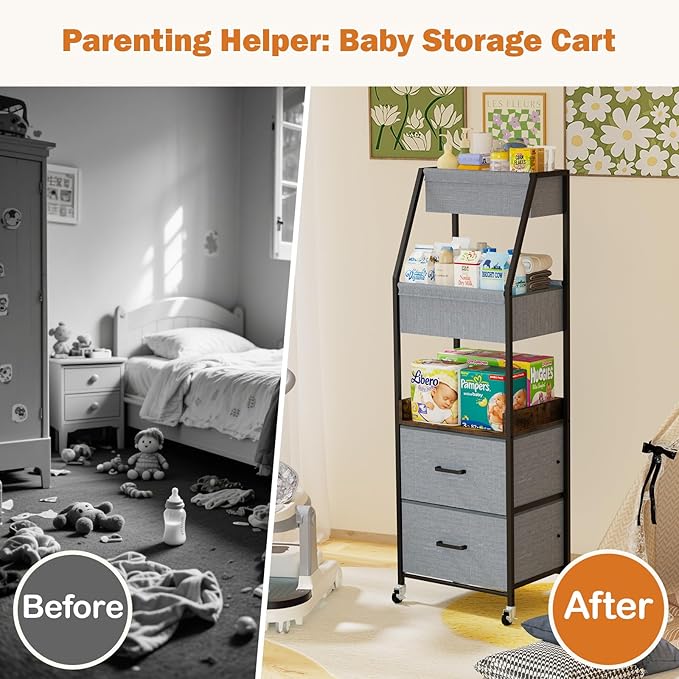 Baby Diaper Caddy Organizer and Storage - 5 Tier Rolling Cart with Dividers and Drawers, Mobile Utility Cart with Wheels for 