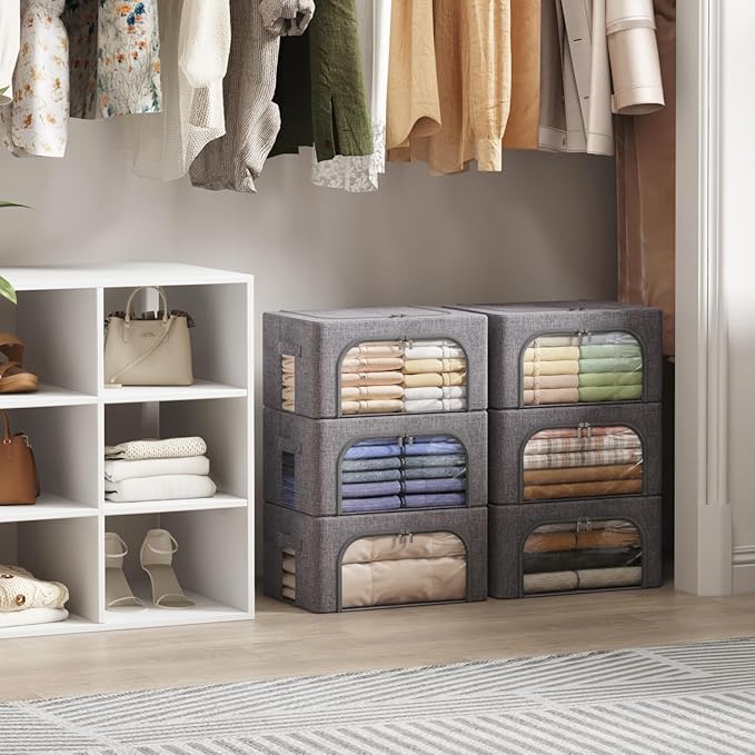 Lifewit Clothes Storage Bins with Metal Frame, Stackable Storage Box, Foldable Clothing Storage Bins with Lids, 25L Storage B
