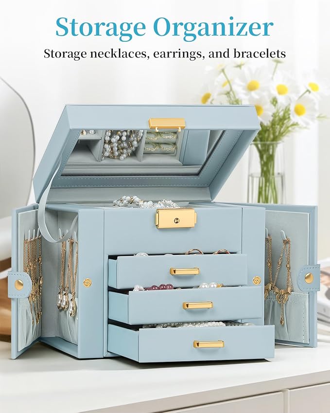 TORIBIO Jewelry Box for Women, Leather Jewelry Organizer with Mirror & Lock, 4-Tier Jewelry Storage Organizer with 3 Drawers 