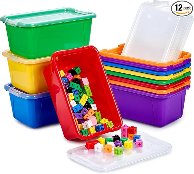 GAMENOTE 6 Quart Storage Bins with Lids,12 Pack Rainbow Plastic Latching Box for Classroom&Kids Toy Storage Opaque Stackable 