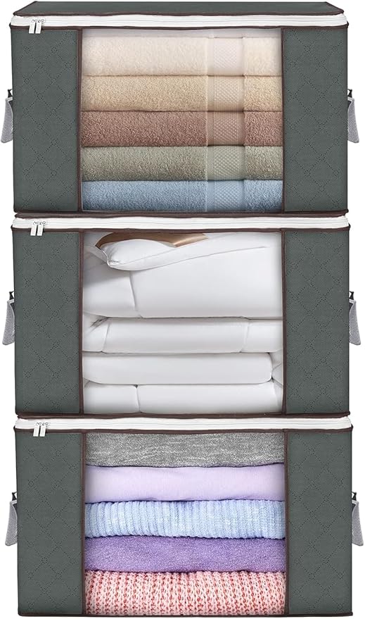 Large Storage Bags, 3 Pack Clothes Storage Bins Foldable Closet Organizers Storage Containers with Durable Handles Thick Fabr