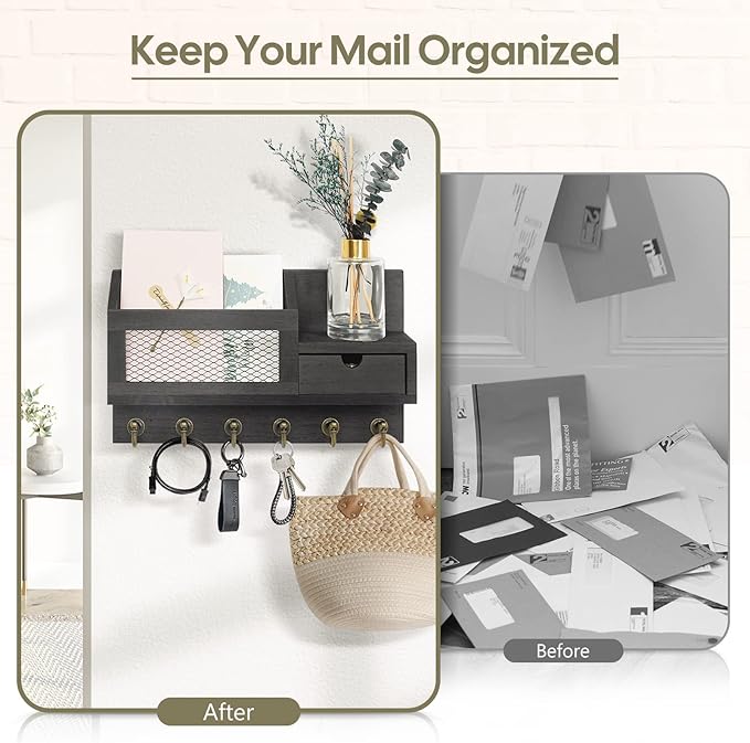 FifthQuarter Key and Mail Holder for Wall, Mail Organizer Wall Mount with 6 Hooks and Storage Drawer, Easy Installation Key R