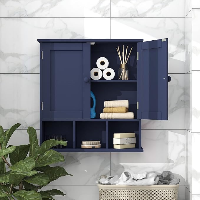 TaoHFE Blue Bathroom Over The Toilet Storage Cabinet,Wall Medicine Cabinet Organizer with 2 Door Adjustable Shelves,Wooden Mo
