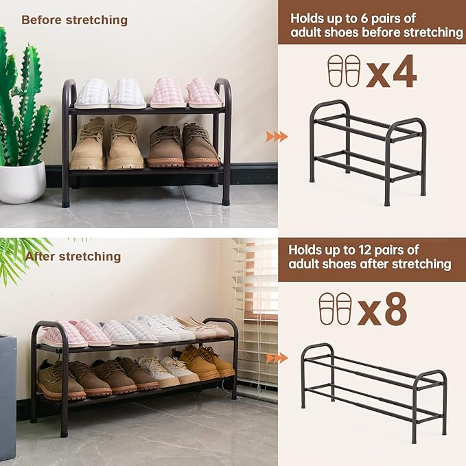 Gonfoam 2-Tier Expandable Shoe Rack,Adjustable Shoe Shelf Storage Organizer Heavy Duty Metal Free Standing Shoe Rack for Entr