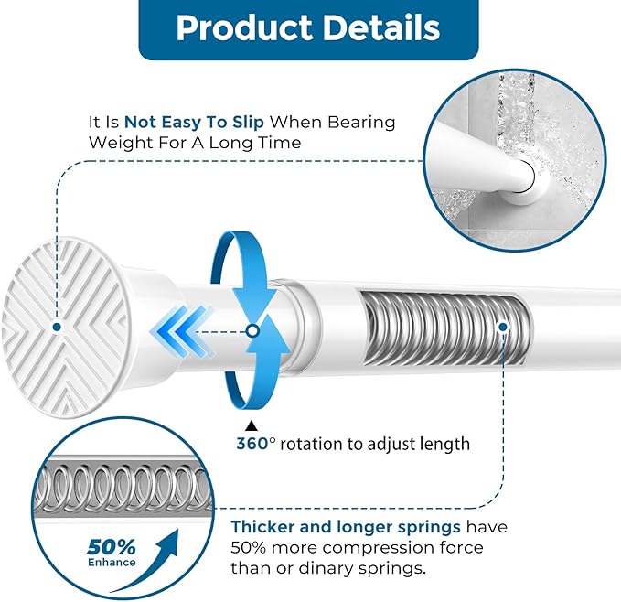 AIZESI Spring Tension Curtain Rod 24 to 46 Inch, White, 1Pcs, Iron, Tension Mounted