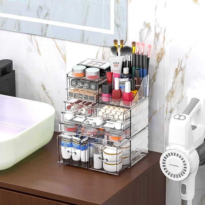 Cq acrylic 3 Pack Clear Makeup Organizer Countertop,Stackable 8 Drawers Skin Care Organizer,Cute Make Up Organizers for Vanit