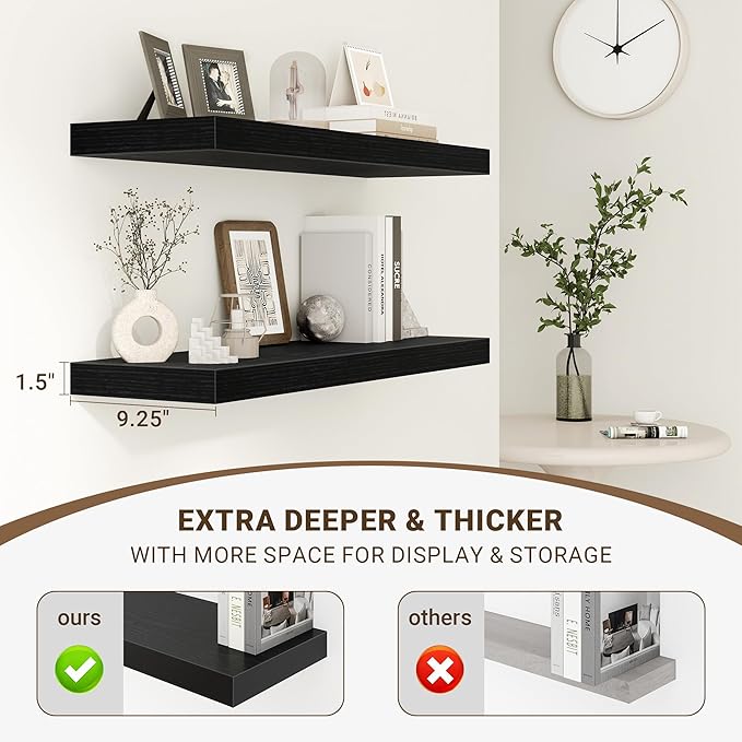 36 Inch Floating Shelves, 36"x9.25"x1.5" Inch Deep Floating Shelves for Wall, Wooden Shelves for Bathroom, Bedroom, Living Ro