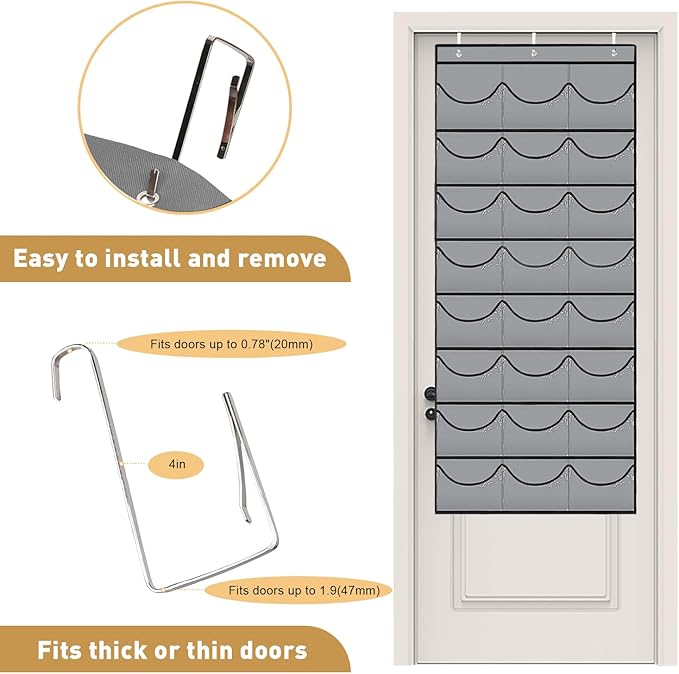 BiCINE Hat Rack for Baseball Caps, 24 Pocket Over The Door Hat Organizer Storage, Hat Holder for Door with 3 Hooks, Grey - 1 