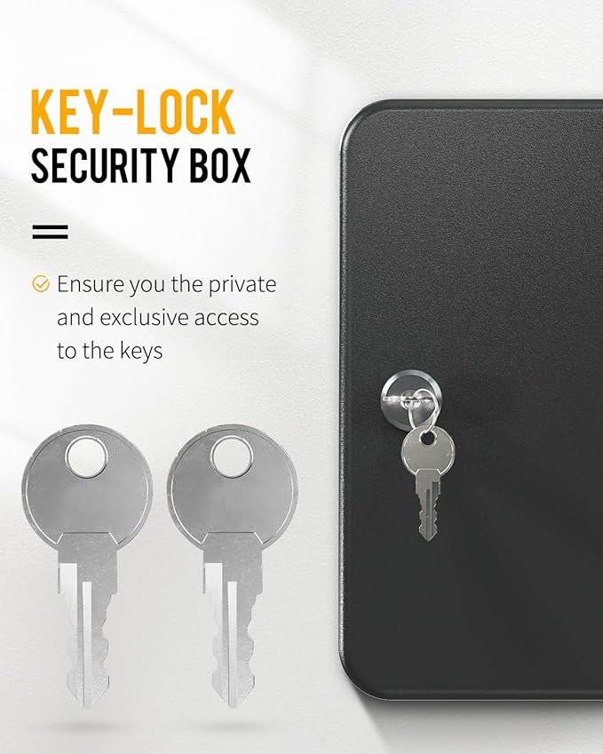 Uniclife Steel Key Cabinet Wall Mounted Organizer - 28 Keys, 2 Unlocking Keys - Black Frosted Security Box with Hooks and Col