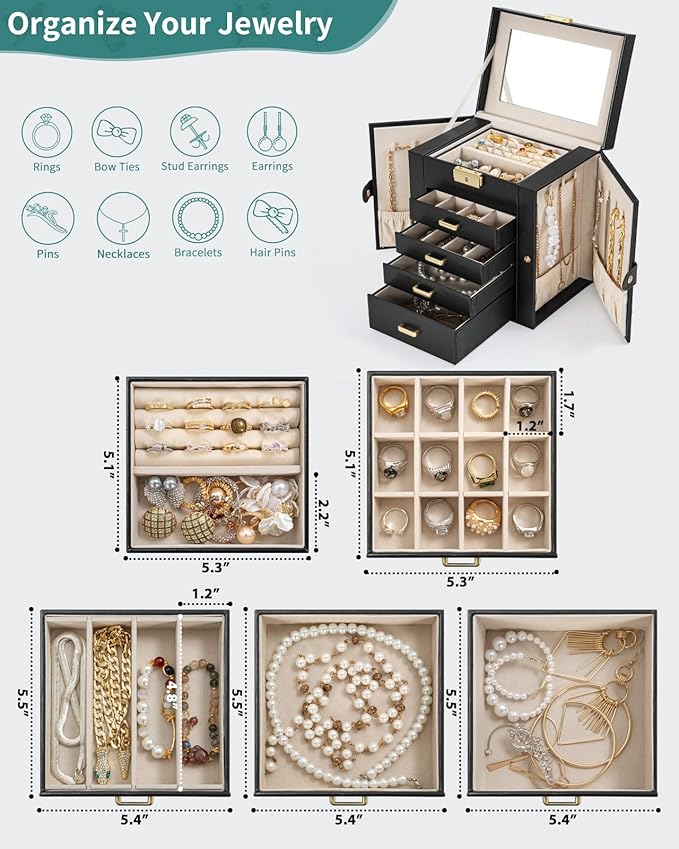AKOZLIN 5-Tier Jewelry Box Leather Jewelry Storage Organizer with 4 Drawers Lockable for Women Girls Ring Necklace Earring Br