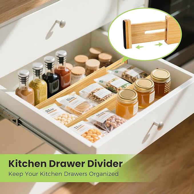 Fyvva Drawer Divider, Adjustable Bamboo Kitchen Drawer Organizer, Spring Loaded Drawer Organizer, Dresser Separators for Kitc