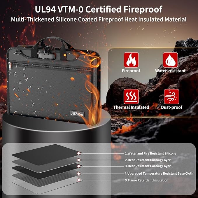 Fireproof Accordion File Organizer with Lock, Water Resistant Expanding File Folder with Shoulder Strap, Important Document O