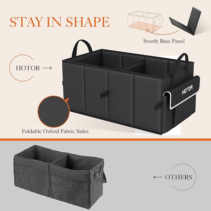 HOTOR Trunk Organizer - Car Organizer with 5 Pockets, Trunk organizer for SUV, Sedan & Van, Car Organization with Sturdy Base Panel for Car Accessories, Black, 2 Compartments, 21.3"×12.6"×10.6"