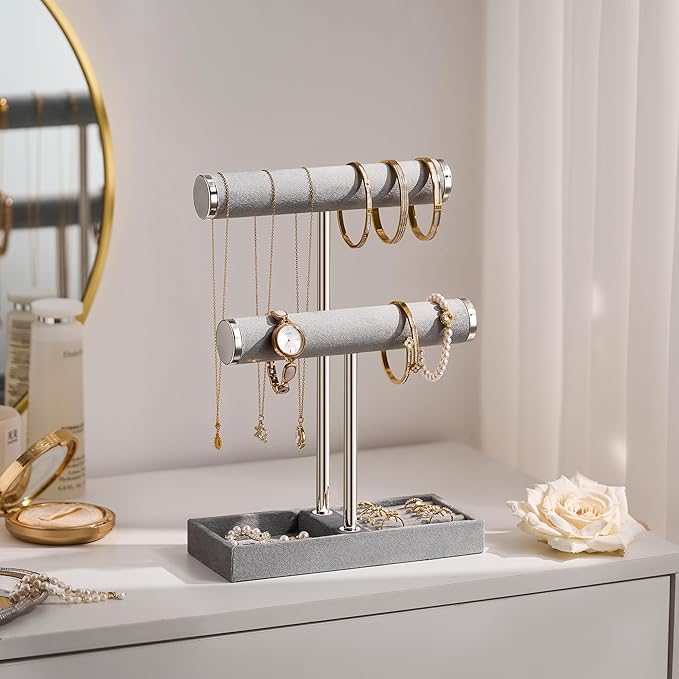bussdis 2 Tier Bracelet Holder Display - Detachable T Bar Grey Velvet Bracelet Holder, Jewelry Holder Organizer for Bracelet,