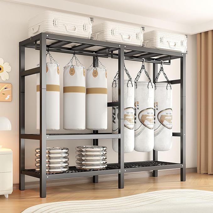 Heavy Duty Portable Closet Wardrobe, Garment Rack with Cover & Hanging Rods, Freestanding Wardrobe with Magnetic Door, Metal 
