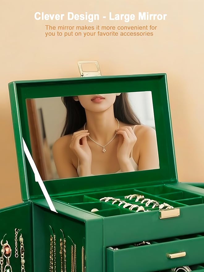 BOOVO Jewelry Box For women, 6 Layer Large Jewelry Organizer With Mirror, Multi-Function Storage Box With Lock, Necklace Hold