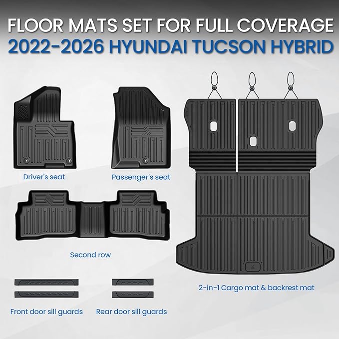 Floor Mats Set for Hyundai Tucson 2022-2025 2026 Hybrid Version (Not fit Gas and PHEV), All Weather TPE Cargo Liner Backrest Mat Trunk Mat Door Sill Guards Accessories (Hybrid Model)