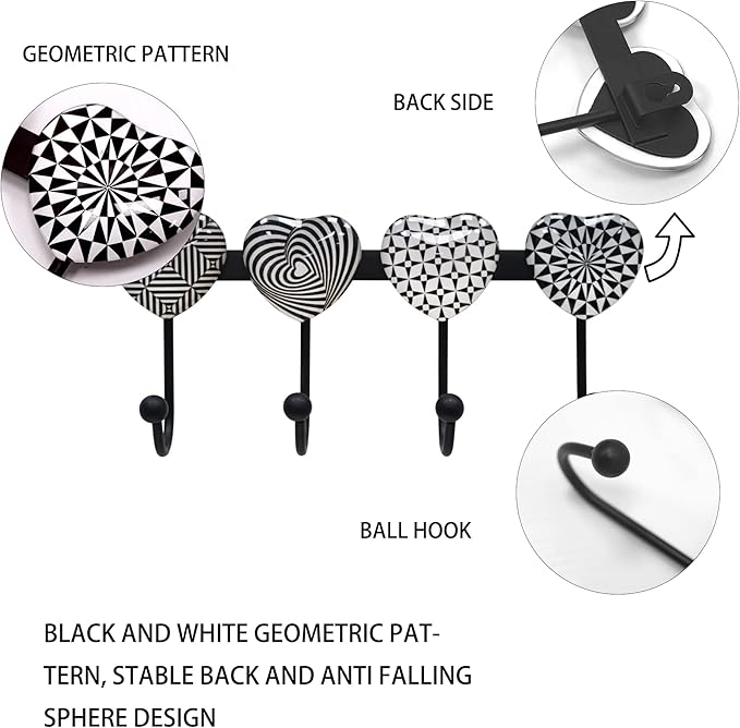 Coat Rack Wall Mounted with 4 Hooks, Heart Geometric Pattern Decorative Wall Hooks for Hanging Hat, Key, Towel, Purse, Bag an