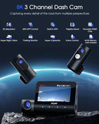 5K 3 Channel Dash Cam, 5G Wi-Fi Built-in GPS with 64GB Card, 4K+1080P+1080P Front and Rear Inside Triple Car Camera with 3'' 
