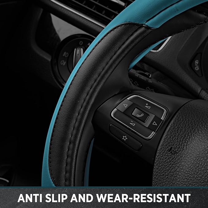 Road Comforts Leather Steering Wheel Cover - Made with PVC Leather - Anti-Slip, Universal Fit 14 1/2 inches to 15 inches - Da