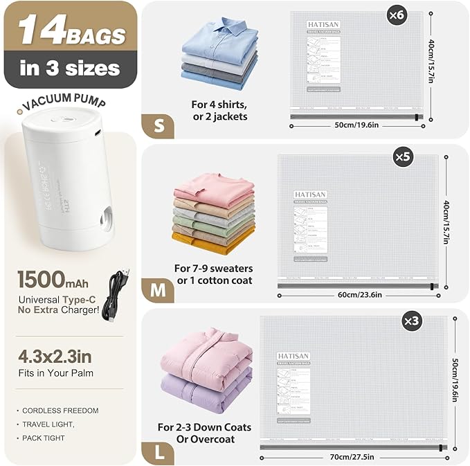 Vacuum Seal Bags for Clothing Travel with Rechargeable Electric Pump, Space Saver Vacuum Storage Bags Travel, Reusable Compre