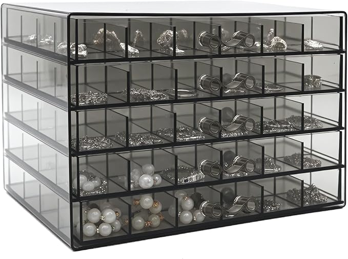 Clear Grey Acrylic Jewelry Storage Box, Earring Jewelry Organizer with 5 Drawers, 5-Layer Jewelry Box for Women, Earring Disp