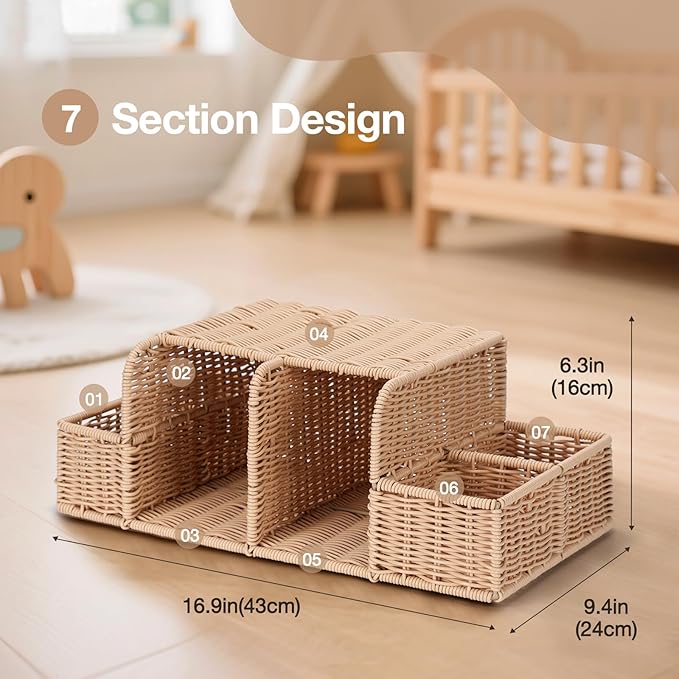 Diaper Caddy Organizer, Hand Rattan Nursery Storage Basket for Baby Essentials, Baby Changing Table Organizer Perfect Nursery