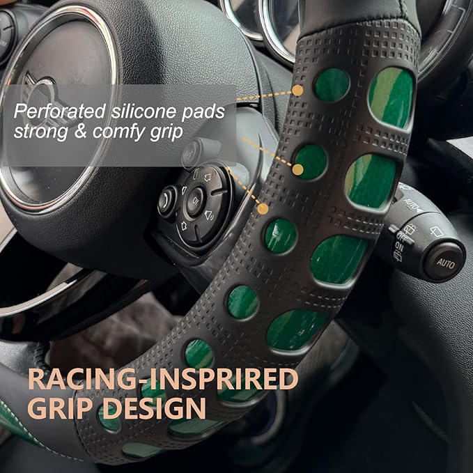 PINCTROT Race Grip Steering Wheel Cover, Anti Slip Silicone Perforated Design with Soft Touch Padding, Enhanced Grip for Sporty Driving, Universal 14.5-15 Inch (Racing Green)