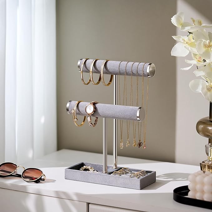 bussdis 2 Tier Bracelet Holder Display - Detachable T Bar Grey Velvet Bracelet Holder, Jewelry Holder Organizer for Bracelet,