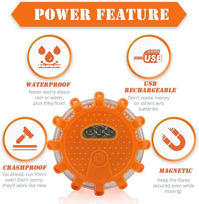 USB Rechargeable LED Road Flares Emergency Lights-Roadside Warning Car Safety Beacon Flashing Disc Flare Kit with Magnetic Ba