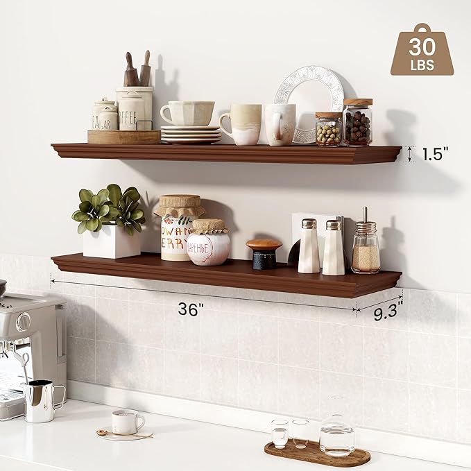 Axeman 36 Inch Floating Shelves for Wall, 9.3" Deep Crown Molding Wood Display Shelf with Heavy Duty Invisible Brackets for L