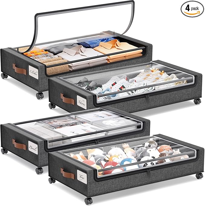 Yecaye Under Bed Storage with Wheels, 4 Pack 60L Under Bed Rolling Storage with Clear Window & Label, Underbed Storage Contai