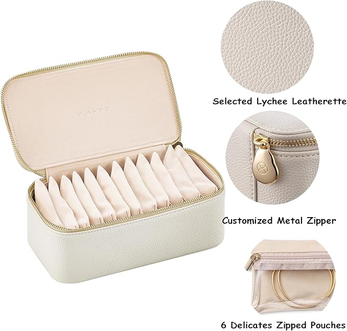 VLANDO Travel Jewelry Box Organizer – Portable PU Leather Jewelry Case with 6/8/12 Zippered Pouches, Compact Storage for Earr