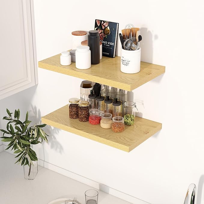 Dreamland 24" Floating Shelves for Wall, 12" Deep Slim Oak Floating Shelves, Wall-Mounted Shelves for Bedroom, Living Room, K