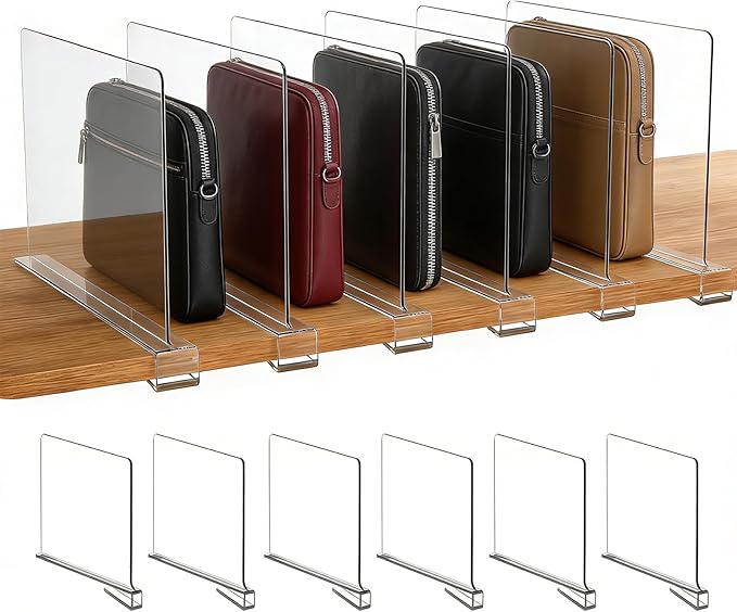 6 Pack Shelf Divider for Closet Acrylic, Clear Purse Organizer for Closet Perfect for Sweater, Shirts, Handbags in Bedroom an