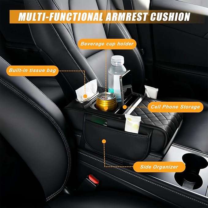 Center Console Cover for Car with Cup Holder and Tissue Box, PU Leather Armrest Storage Box with Phone Pocket, Heightening Car Armrest Cushion for Most SUV, Truck Interior