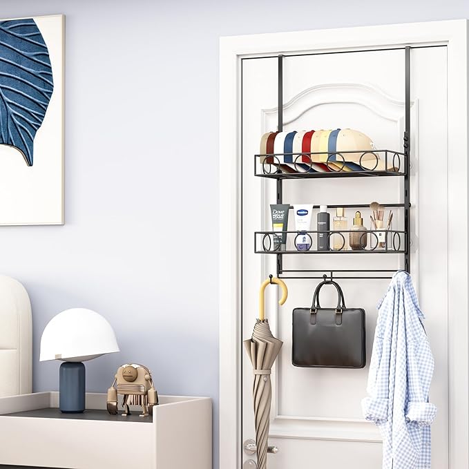 Over Door Hat Organizer 3 Tier Wall Mounted Hat Rack with 2 Adjustable Metal Basket and 3 Hooks Hat Organizer for Baseball ca